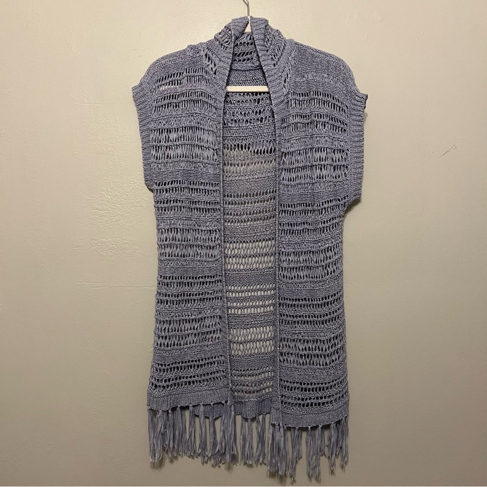 Hooded‎ Knit Cardigan Vest Periwinkle Fringe Boho Festival